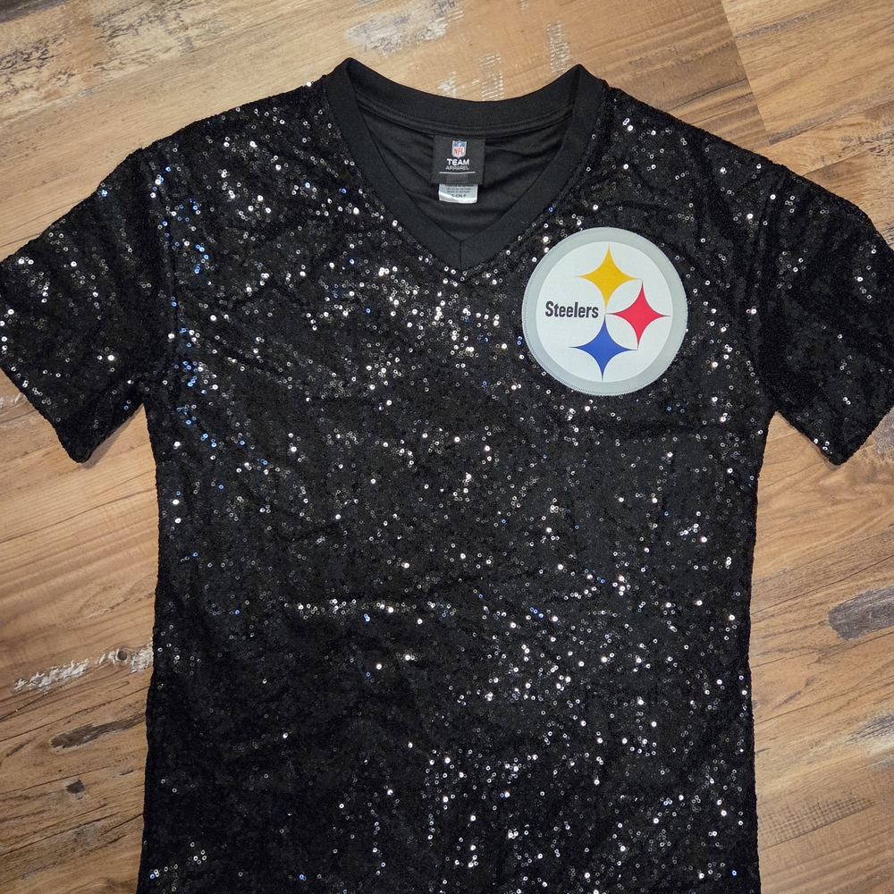NEW womems NFL Steelers Black Sequin Tee